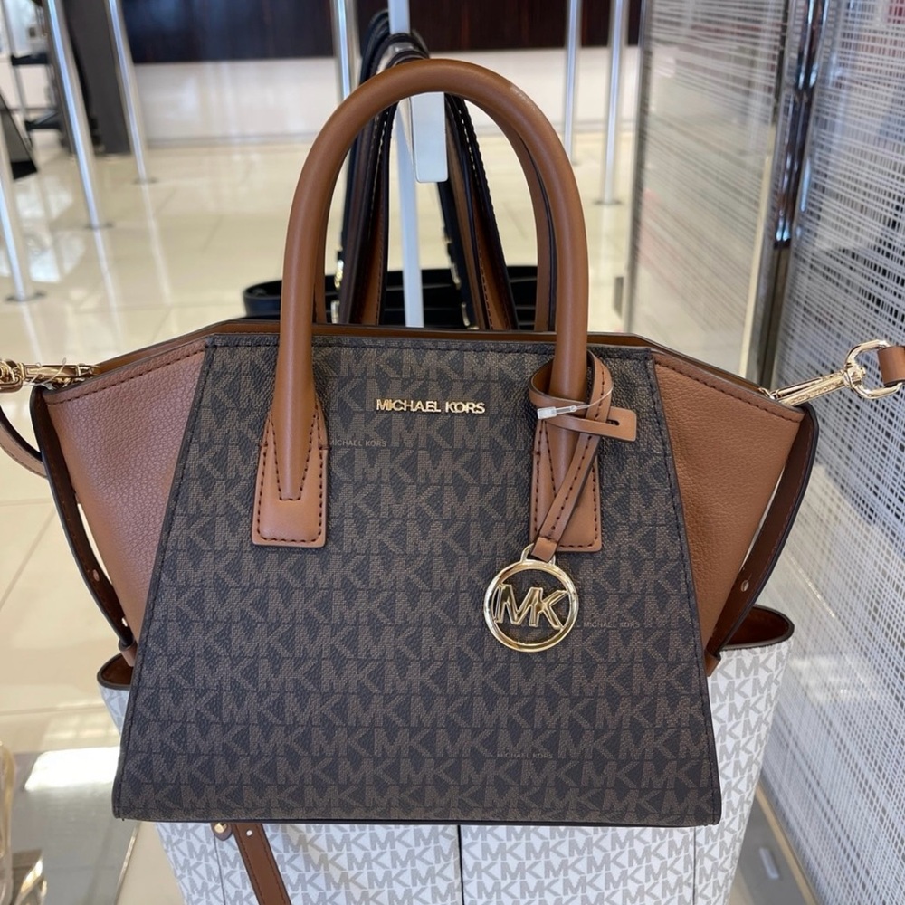 Michael Kors Avril Small Leather Logo Satchel Crossbody Brown Top Zip Bag NWT - Picture 4 of 16